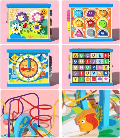 DREWNIANY SORTER KOSTKA EDUKACYJNA ALFABET KOLOROWY MONTESSORI Z LABIRYNTEM