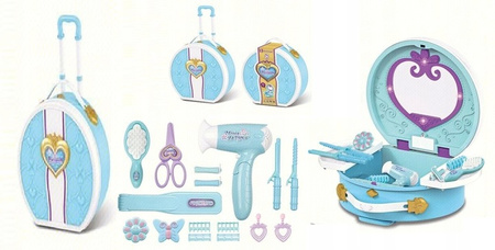 DUŻY ZESTAW FRYZJERSKI TOALETKA Z AKCESORIAMI WALIZKA NA KÓŁKACH