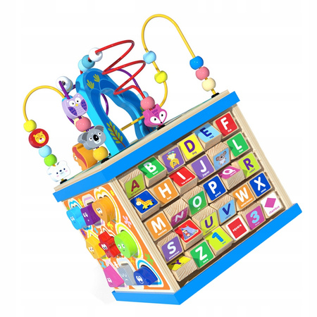 DREWNIANY SORTER KOSTKA EDUKACYJNA ALFABET KOLOROWY MONTESSORI Z LABIRYNTEM