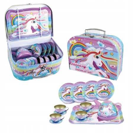 METALOWY ZESTAW DO HERBATY dla dzieci KOMPLET FILIŻANKI SŁODYCZE WALIZKA