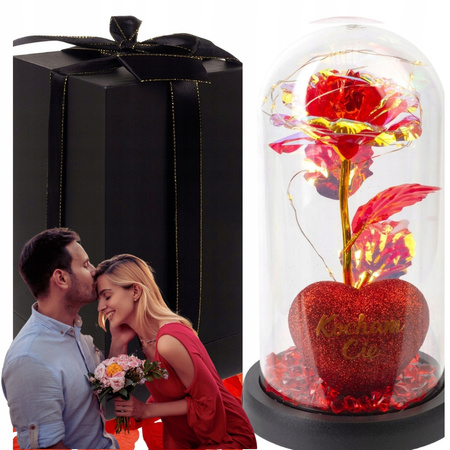 WIECZNA RÓŻA SZKŁO LED NAPIS - Serce - Kocham Cię