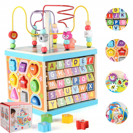 DREWNIANY SORTER KOSTKA EDUKACYJNA ALFABET KOLOROWY MONTESSORI Z LABIRYNTEM