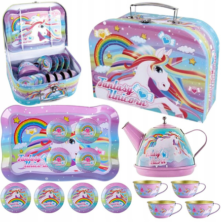 METALOWY ZESTAW DO HERBATY dla dzieci KOMPLET FILIŻANKI SŁODYCZE WALIZKA +