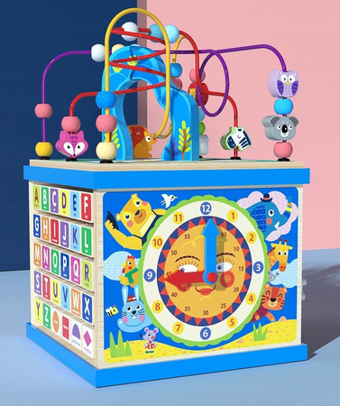 DREWNIANY SORTER KOSTKA EDUKACYJNA ALFABET KOLOROWY MONTESSORI Z LABIRYNTEM