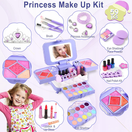 DUŻY Zestaw KOSMETYKI do makijażu dla dziewczynek 60w1 MAKEUP Z lustrem LED