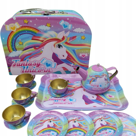 METALOWY ZESTAW DO HERBATY dla dzieci KOMPLET FILIŻANKI SŁODYCZE WALIZKA +