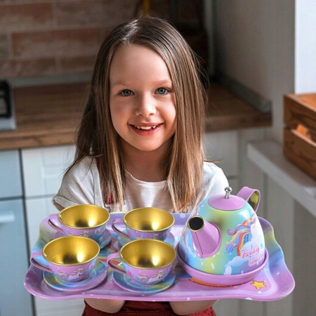 METALOWY ZESTAW DO HERBATY dla dzieci KOMPLET FILIŻANKI SŁODYCZE WALIZKA +