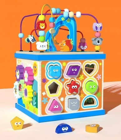 DREWNIANY SORTER KOSTKA EDUKACYJNA ALFABET KOLOROWY MONTESSORI Z LABIRYNTEM