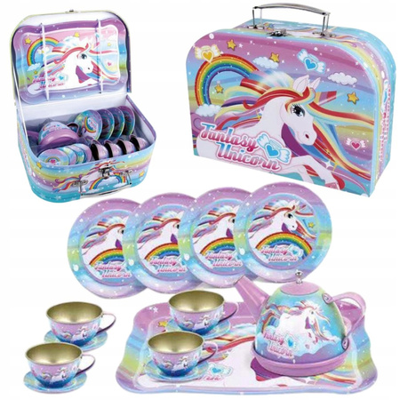 METALOWY ZESTAW DO HERBATY dla dzieci KOMPLET FILIŻANKI SŁODYCZE WALIZKA +