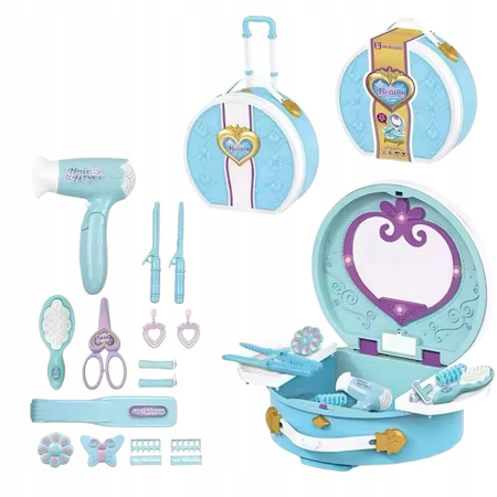 DUŻY ZESTAW FRYZJERSKI TOALETKA Z AKCESORIAMI WALIZKA NA KÓŁKACH