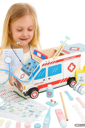 DOKTOR ZESTAW lekarza z białym ambulansem drewniany i akcesoriami STETOSKOP