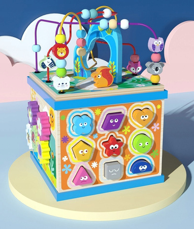 DREWNIANY SORTER KOSTKA EDUKACYJNA ALFABET KOLOROWY MONTESSORI Z LABIRYNTEM