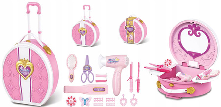 DUŻY ZESTAW FRYZJERSKI TOALETKA Z AKCESORIAMI WALIZKA NA KÓŁKACH